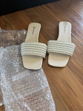 Pearl-Embellished Cream Slide Sandals
